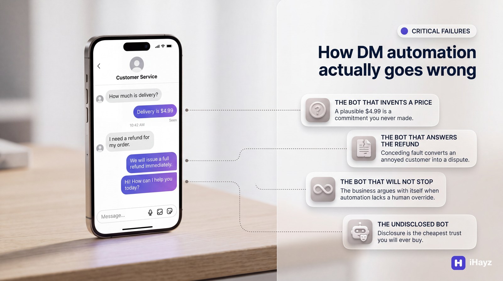 A photoreal smartphone displaying a disastrous automated chat thread beside a diagram explaining how bots invent prices and answer refunds, under the headline "How DM automation actually goes wrong".