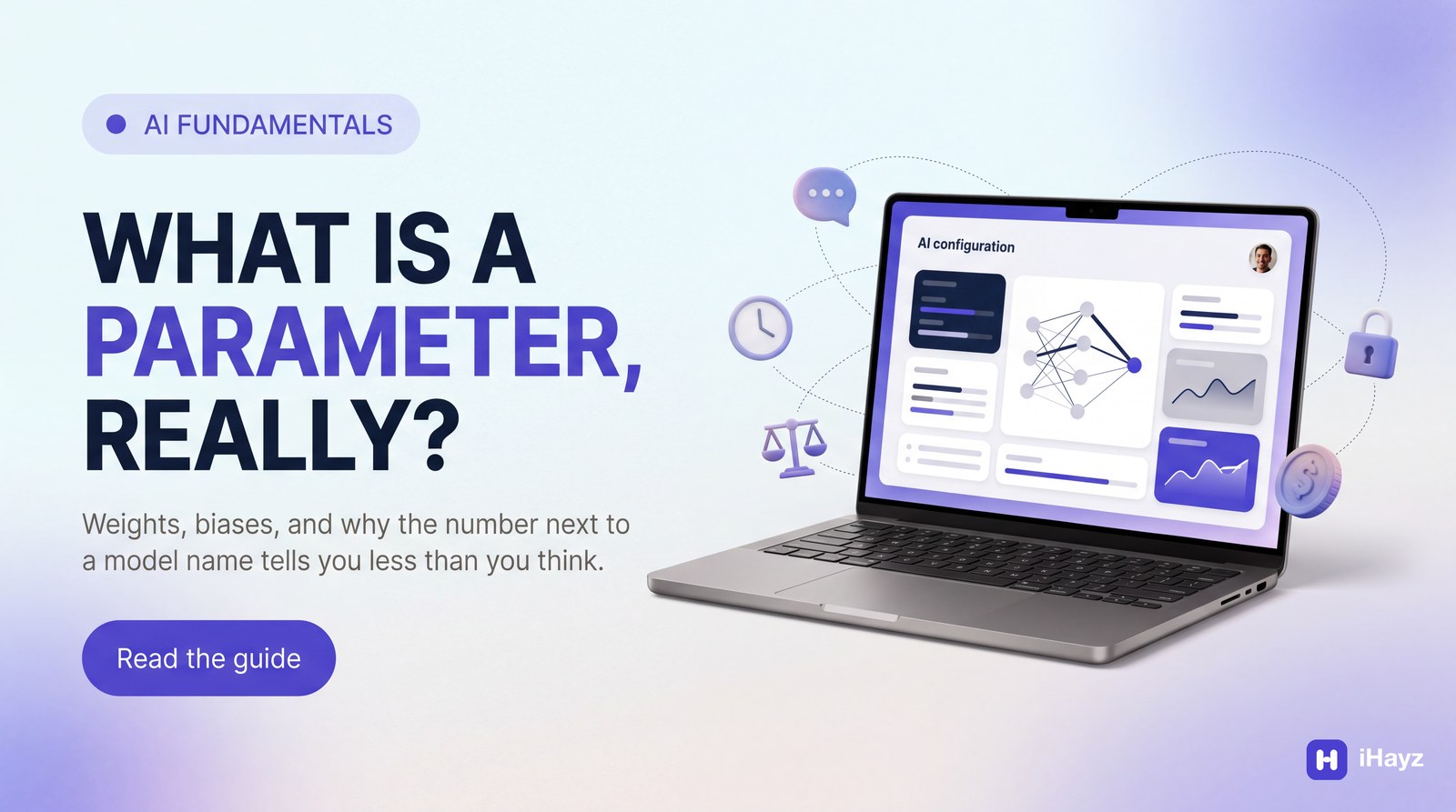 A premium 3D editorial illustration of a laptop showing an AI dashboard surrounded by floating icons, next to the headline "WHAT IS A PARAMETER, REALLY?" on a bright, soft gradient background.
