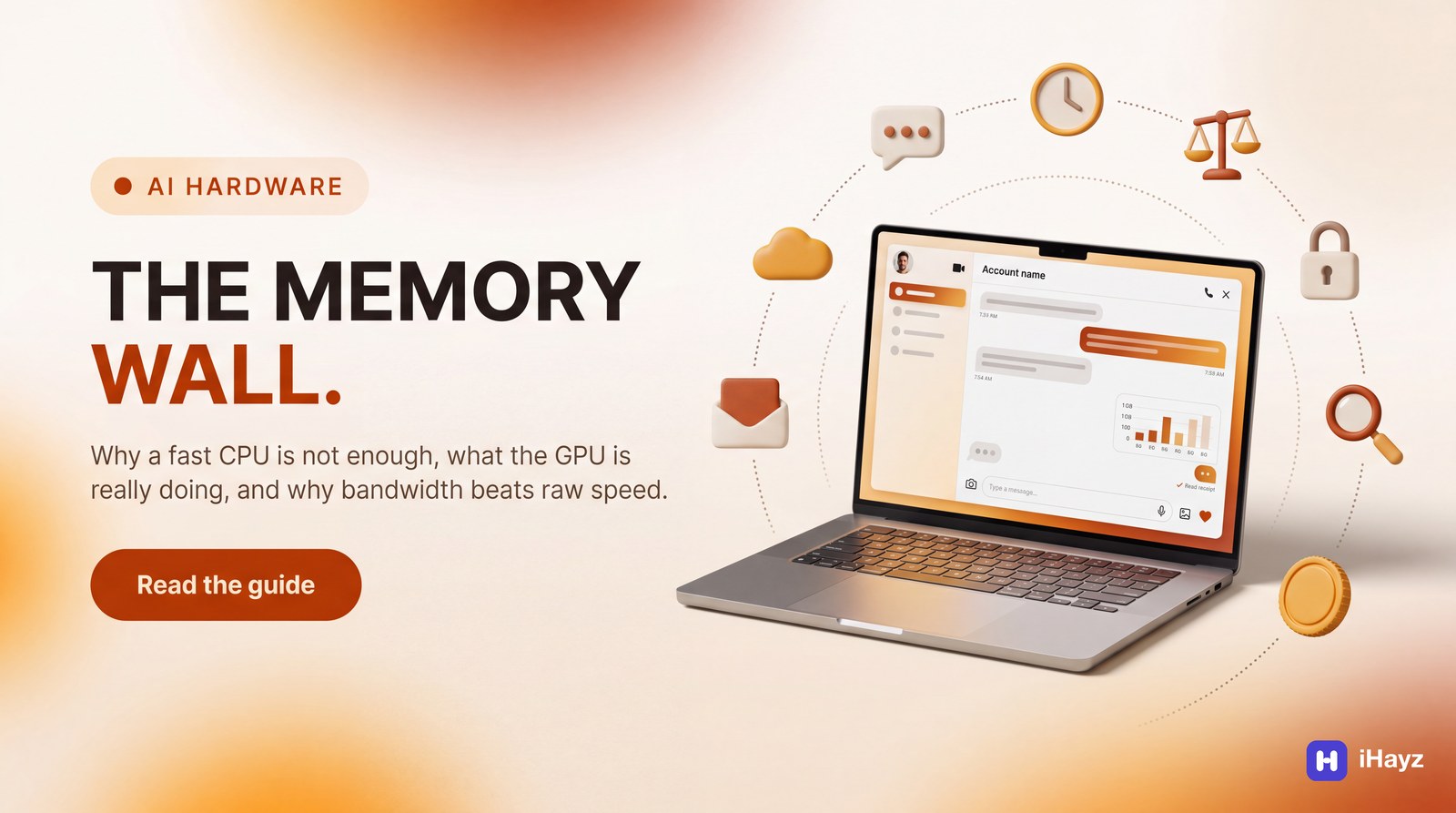 A photorealistic 3D laptop and floating icons sit beside a bold headline reading 'THE MEMORY WALL.' on a warm cream and orange gradient background.
